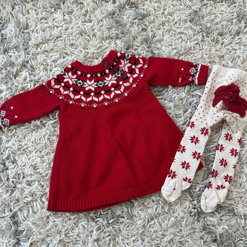 Hanna Andersson Red and White Dress and Tights Knit Outfit, 6-12 Months